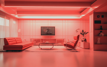 3d rendering of a modern living room interior design with red lightingの素材