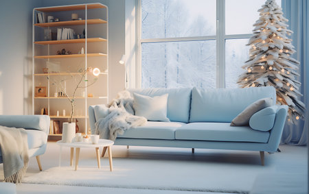 White living room with a blue sofa and Christmas tree. 3d renderingの素材