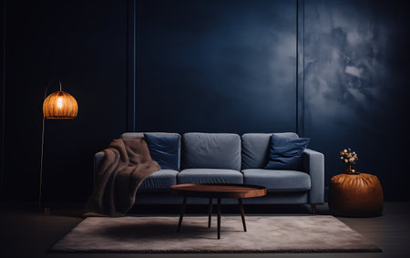 Living room interior with blue sofa and coffee table. 3d renderingの素材