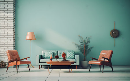 Interior of modern living room with green walls, white wooden floor, blue sofa and orange armchairs. 3d renderingの素材