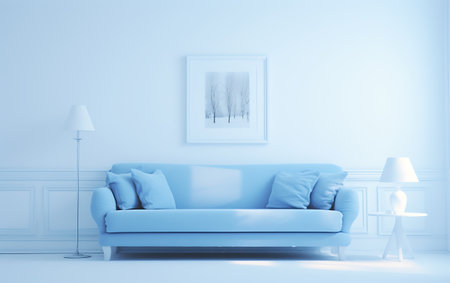 Blue sofa in modern interior with lamp and picture frame. 3d renderingの素材