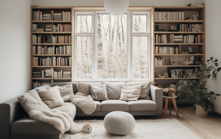 Cozy living room interior with cozy sofa, bookshelves and coffee cup. Toned imageの素材