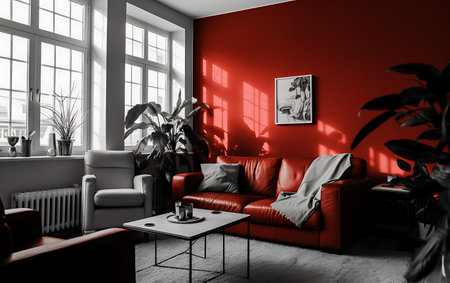 Living room with red walls, a large window and a sofa. 3d renderingの素材