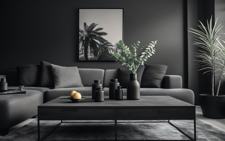 Modern living room interior with black sofa, coffee table and plant. Mock-up, 3D Renderingの素材