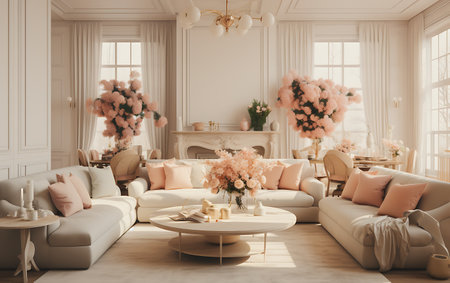 Luxury living room interior in classic style. Sofa with pillows, coffee table and flowers. 3d renderingの素材