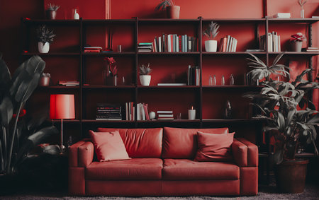 Modern living room interior with red sofa, bookshelf and plantsの素材
