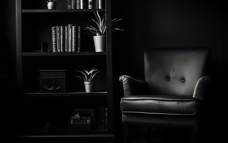 Black leather armchair and bookshelf in dark room. Noir et blancの素材
