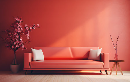 Red living room with a red sofa, a vase of flowers and a coffee table. 3d renderingの素材