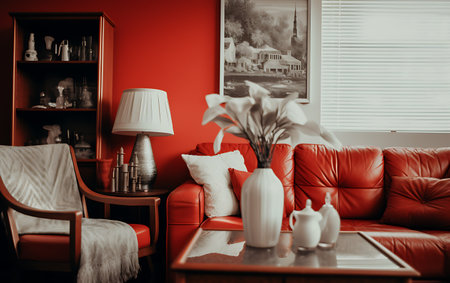 interior of living room with red sofa, table lamp and vaseの素材