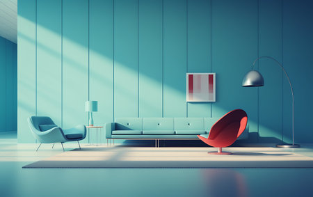 Interior of modern living room with blue walls, concrete floor, white sofa and armchair. 3d renderingの素材