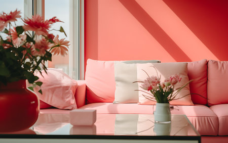 Interior of living room with pink sofa, pillows and flowersの素材