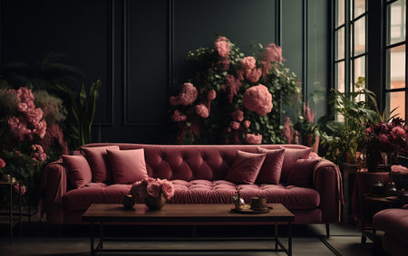 Interior of modern living room with pink sofa and flowers. 3d renderingの素材