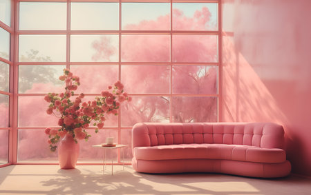 Living room with pink sofa and vase of flowers. 3D renderingの素材