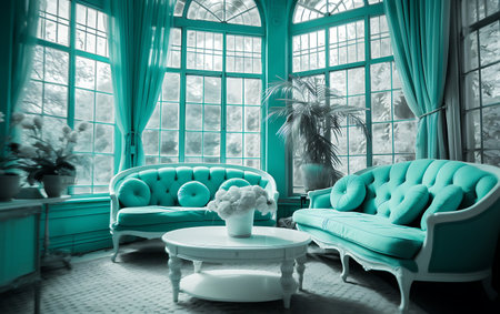 Interior of a living room with a blue sofa and a coffee tableの素材