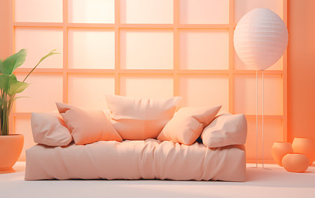 Interior of modern living room with orange walls, white floor, orange sofa with cushions and lamp. 3d renderingの素材