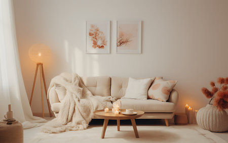 Cozy living room interior with beige sofa, coffee table and candles. Scandinavian style. 3d renderingの素材