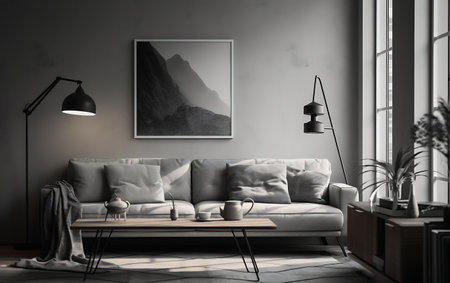 Interior of modern living room with gray walls, concrete floor, comfortable gray sofa, coffee table and picture frame. 3d renderingの素材