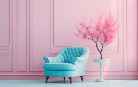 Classic living room interior with blue armchair and vase with pink flowers. 3d renderingの素材