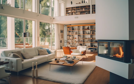 Modern living room interior with fireplace, sofa and coffee table. Nobody insideの素材