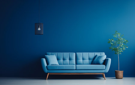 Blue living room interior with blue sofa and plant. 3d renderingの素材