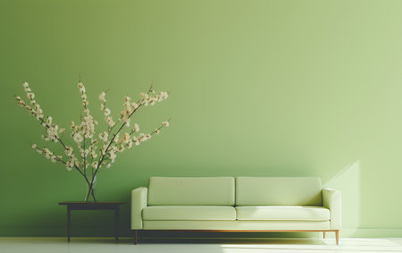 Interior of modern living room with green wall, sofa and flowers. 3d renderingの素材
