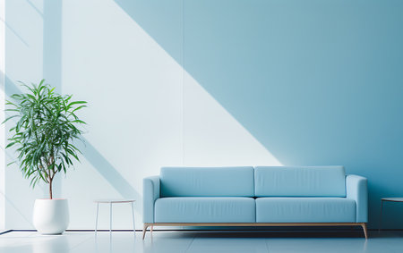 Interior of modern bright living room with blue sofa 3D renderingの素材