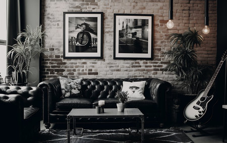 Interior of modern living room with black leather sofa, black coffee table and picture frames on brick wallの素材