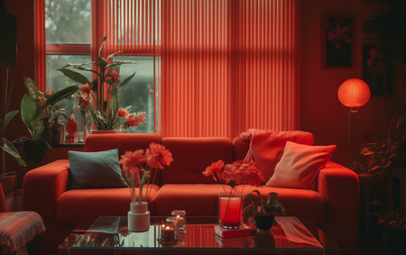 Interior of living room with red sofa and vase with flowersの素材