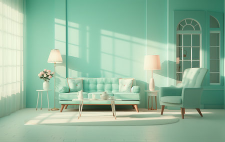 interior of modern living room with blue sofa, 3d renderの素材