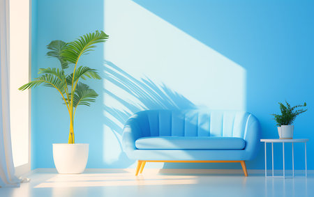 blue sofa in modern living room, 3d render illustration mock upの素材