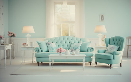 interior of living room with blue sofa, coffee table and lampの素材