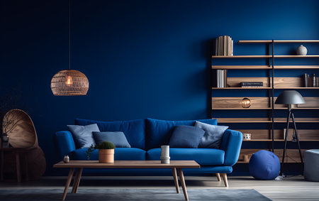 Blue living room interior with blue sofa, coffee table and bookshelf. 3d renderingの素材