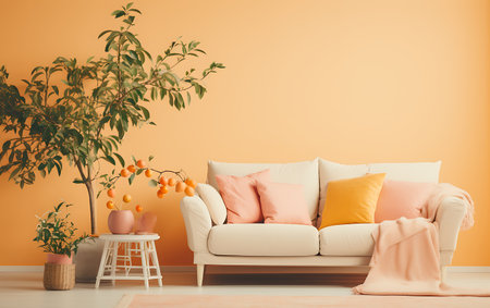 Interior of modern living room with orange wall, sofa and plantsの素材