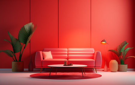 Interior of modern living room with red wall, sofa and coffee table. 3d renderingの素材