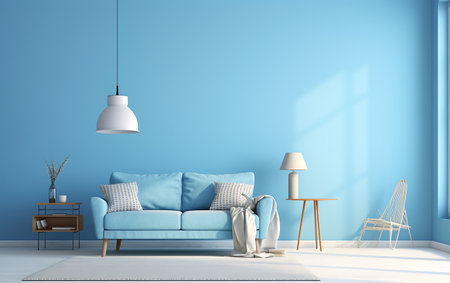 interior of modern living room with blue wall, 3d renderの素材