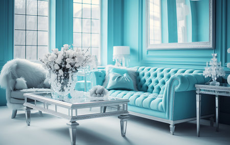 Luxury living room interior with blue sofa, coffee table and flowers in vase. 3d renderingの素材
