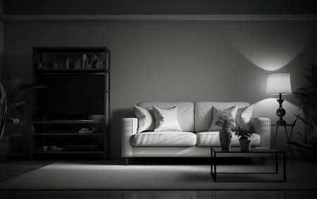 3d rendering of living room with sofa and lamp in black and whiteの素材