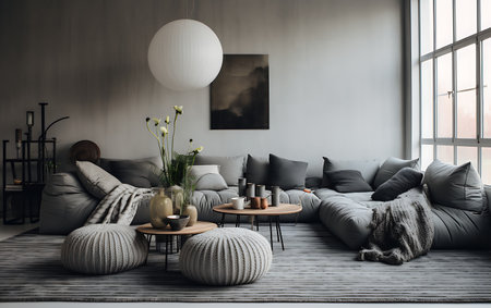 interior of modern living room with gray sofa and coffee table, 3d renderの素材