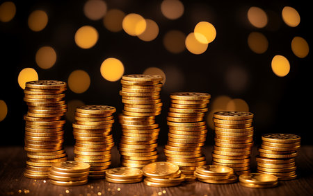 Stacks of gold coins with bokeh background. Finance concept.の素材