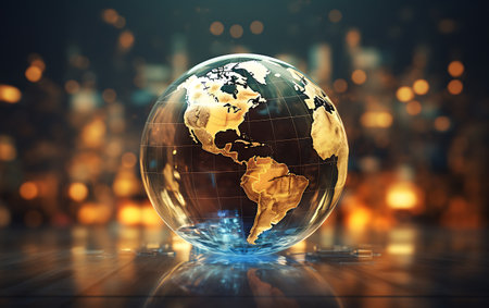 Globe on abstract city background. 3d rendering toned image double exposureの素材