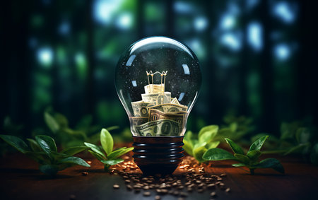 Energy saving light bulb with money inside and coffee beans in the backgroundの素材