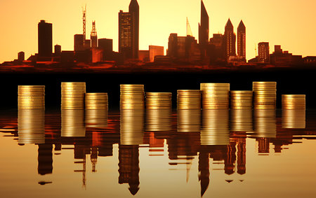 golden coins with city on the background of the river and reflectionの素材