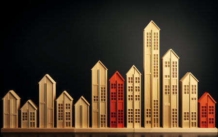 3d illustration of a row of houses over a black background.の素材