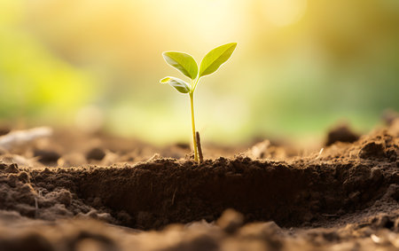 Green seedling illustrating concept of new life and growing up from seedの素材