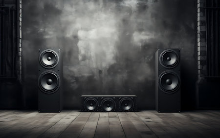 Audio speaker on a black background. 3d render, 3d illustration.の素材