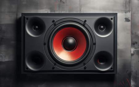 Black loudspeaker on a dark background, close-up. 3d renderingの素材