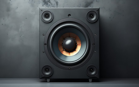 3d illustration of red speaker on black background. Music concept.の素材