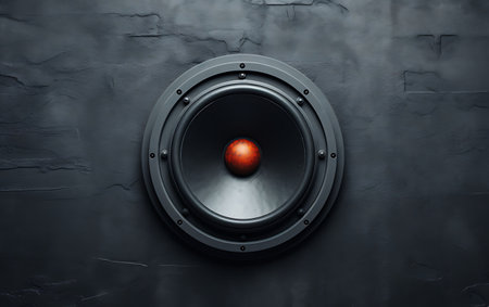 3d illustration of red speaker on black background. Music concept.の素材