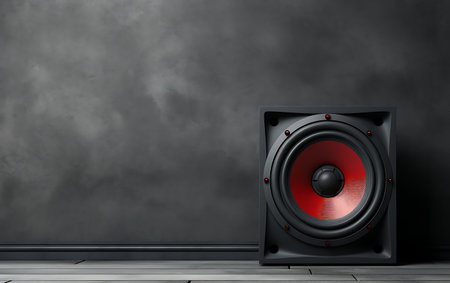 3d illustration of red speaker on black background. Music concept.の素材