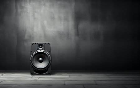 Black loudspeaker on dark gray wall background. 3d rendering.の素材
